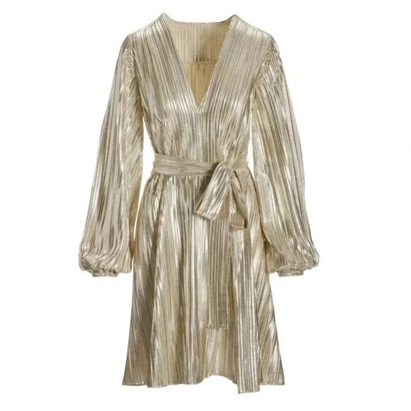 BOSTON PROPER Metallic Pleated Long Sleeve Dress Size M - Picture 2 of 12